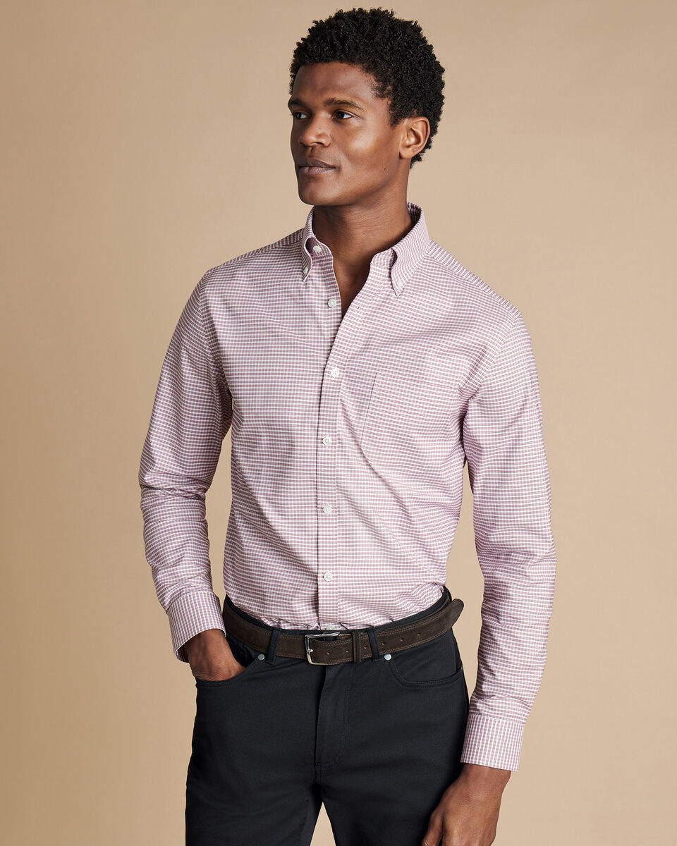 Slim Fit Button-Down Collar Non-Iron Stretch Oxford Check Shirt - Claret Pink