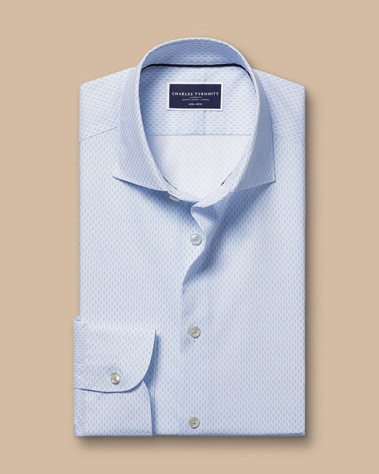 Semi-Cutaway Collar Non-Iron Stretch Poplin Print Slim Fit Shirt - Light Blue