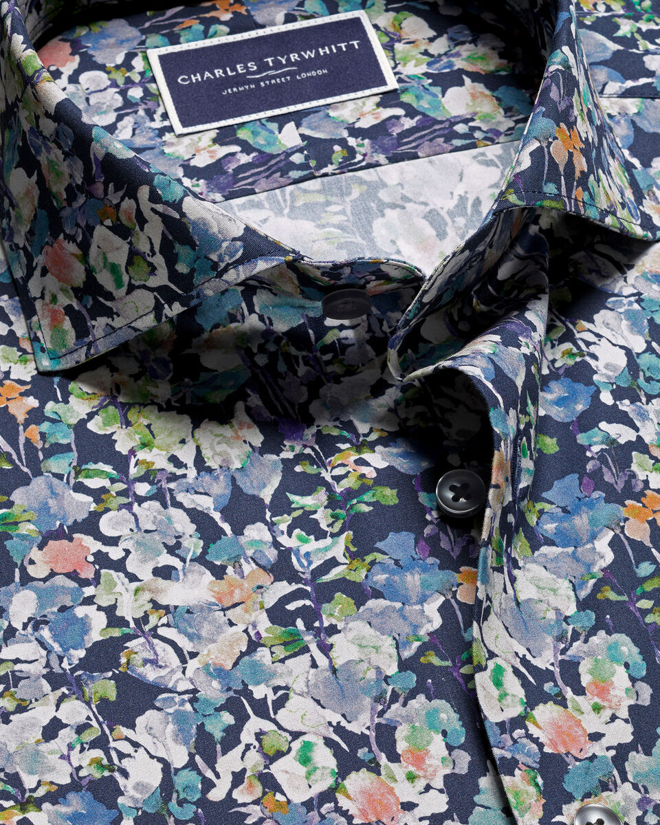 Semi Cutaway Floral Print Slim Fit Shirt - Ink Blue