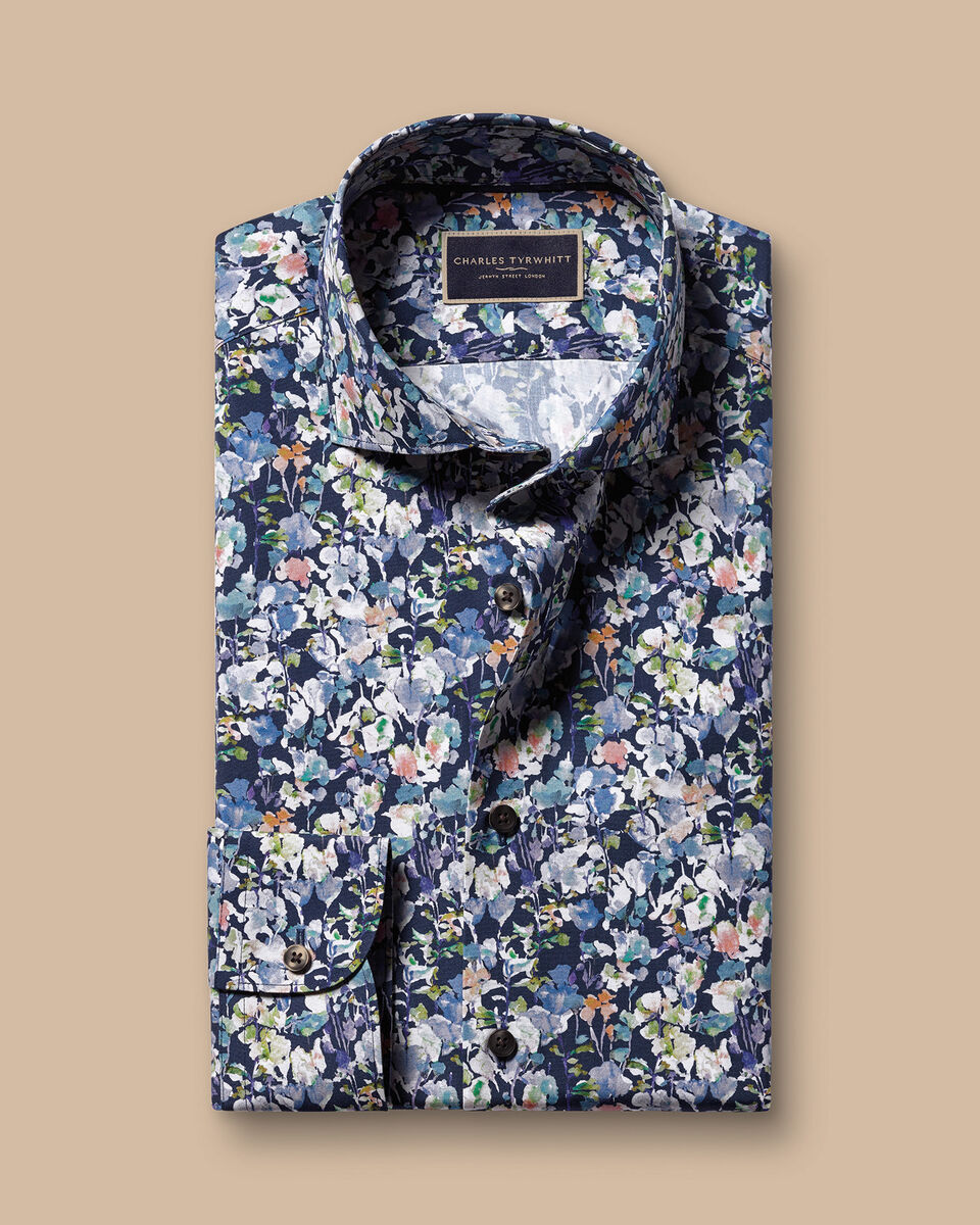 Semi Cutaway Floral Print Slim Fit Shirt - Ink Blue