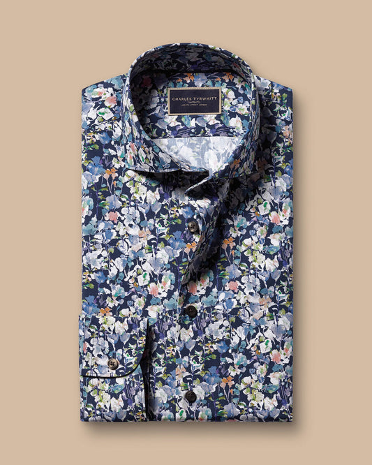 Semi Cutaway Floral Print Slim Fit Shirt - Ink Blue