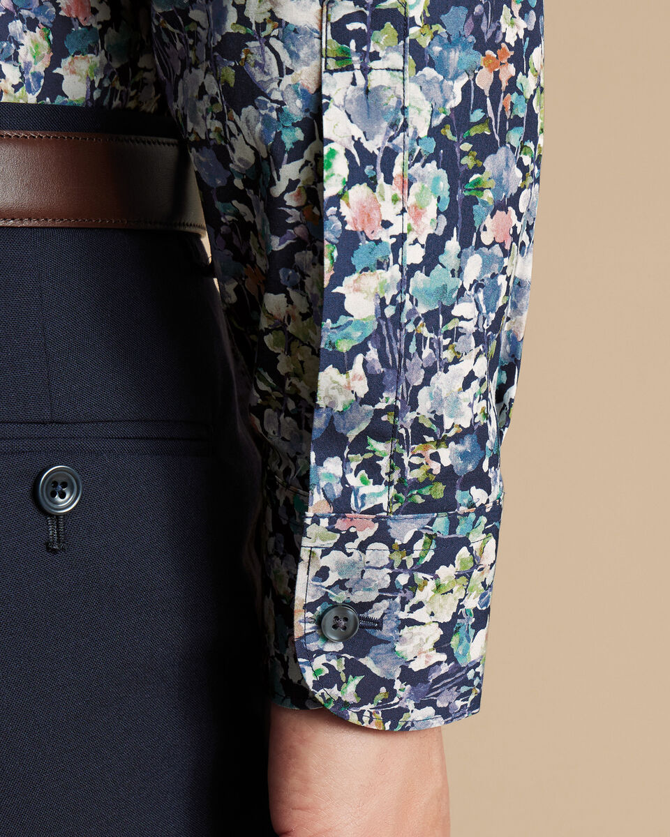Semi Cutaway Floral Print Slim Fit Shirt - Ink Blue
