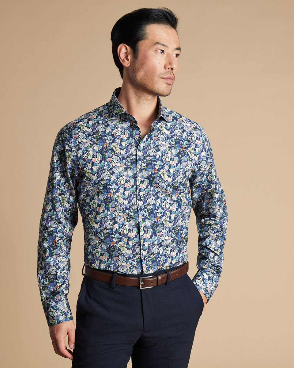 Semi Cutaway Floral Print Slim Fit Shirt - Ink Blue