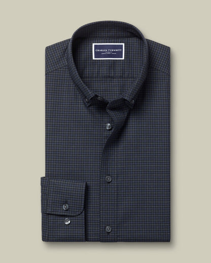 Brushed Cotton Slim Fit Twill Check Shirt - Dark