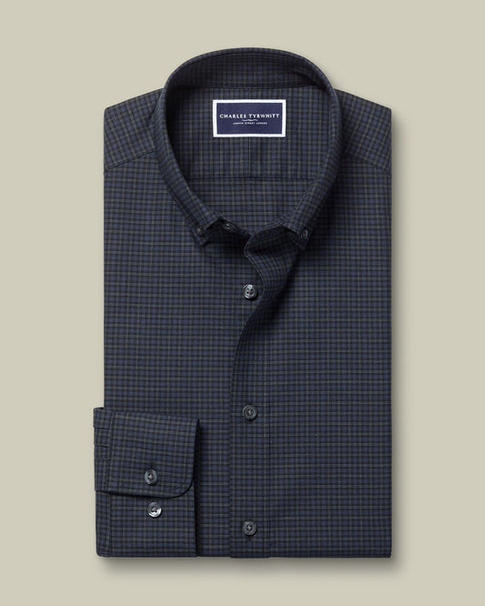 Brushed Cotton Slim Fit Twill Check Shirt - Dark