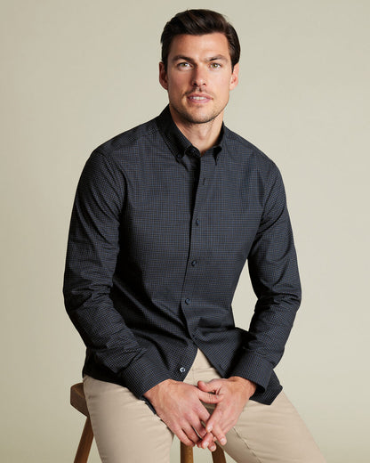 Brushed Cotton Slim Fit Twill Check Shirt - Dark