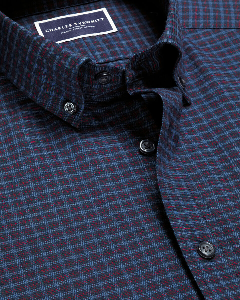 Brushed Cotton Twill Check Shirt - Indigo Blue & Red