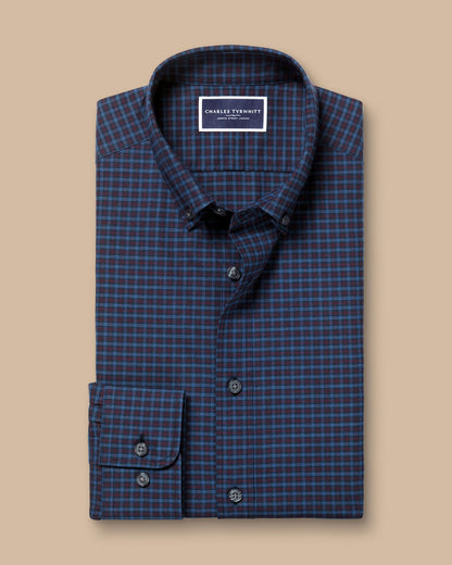 Brushed Cotton Twill Check Shirt - Indigo Blue & Red