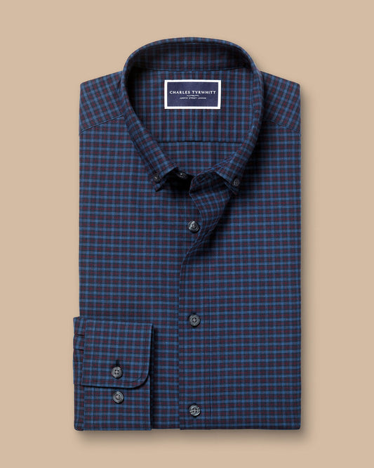 Brushed Cotton Twill Check Shirt - Indigo Blue & Red