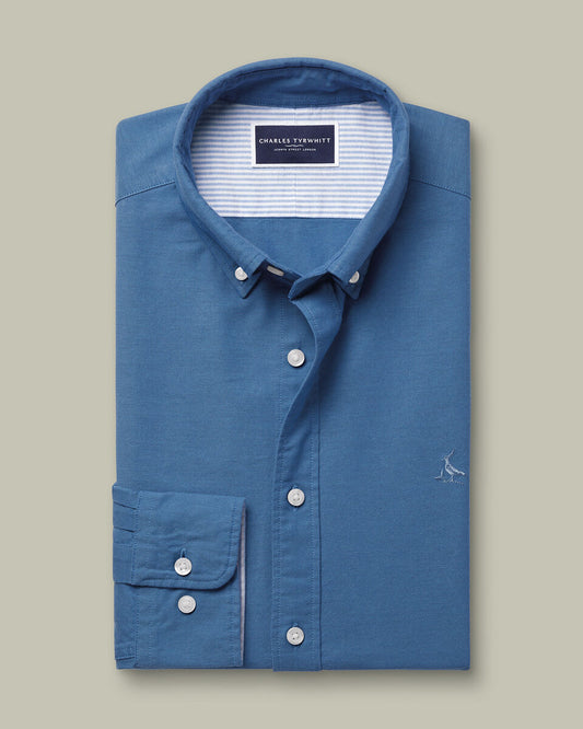 Button-Down Collar Washed Stretch Oxford Slim Fit Shirt - Blue