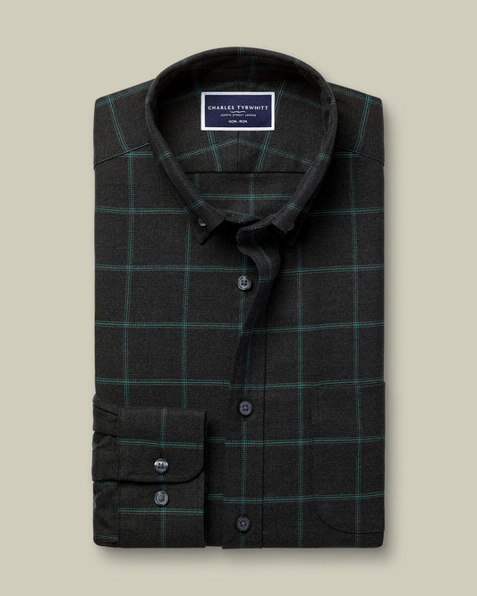 Non-Iron Twill Windowpane Check Shirt - Grey & Green