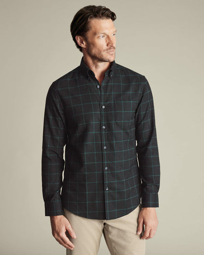 Non-Iron Twill Windowpane Check Shirt - Grey & Green