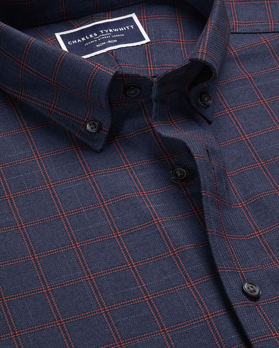 Non-Iron Twill Check Slim Fit Shirt - Heather Blue & Red