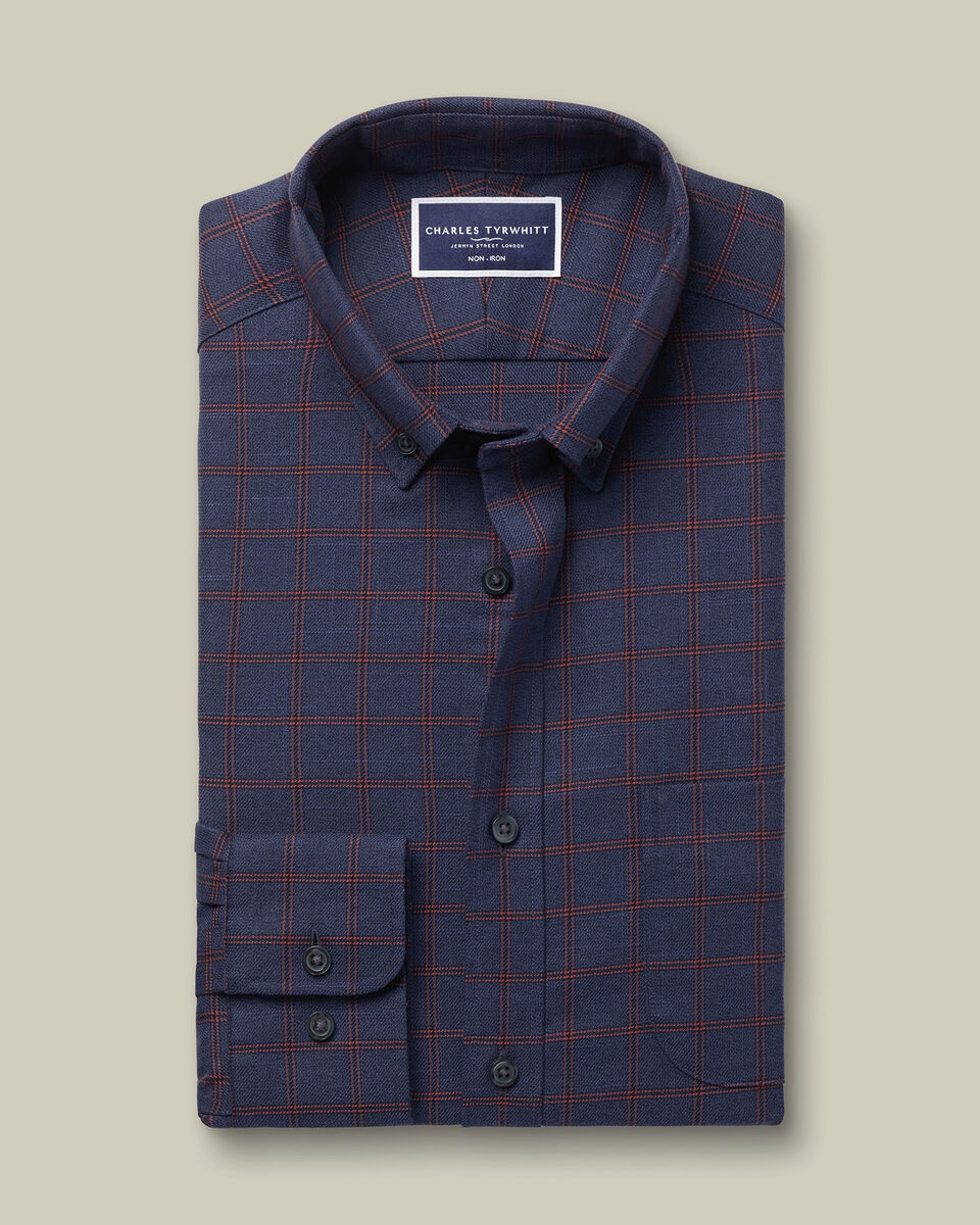 Non-Iron Twill Check Slim Fit Shirt - Heather Blue & Red