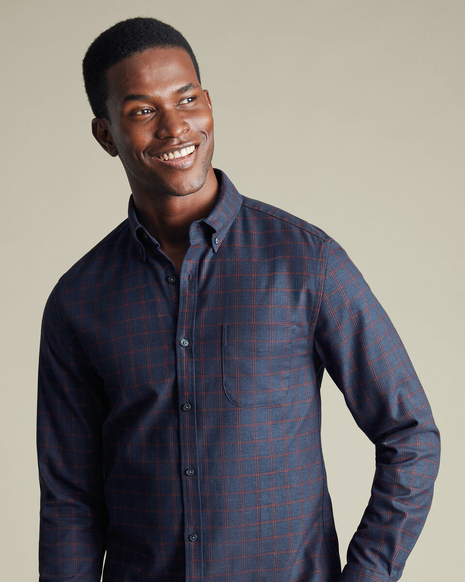 Non-Iron Twill Check Slim Fit Shirt - Heather Blue & Red