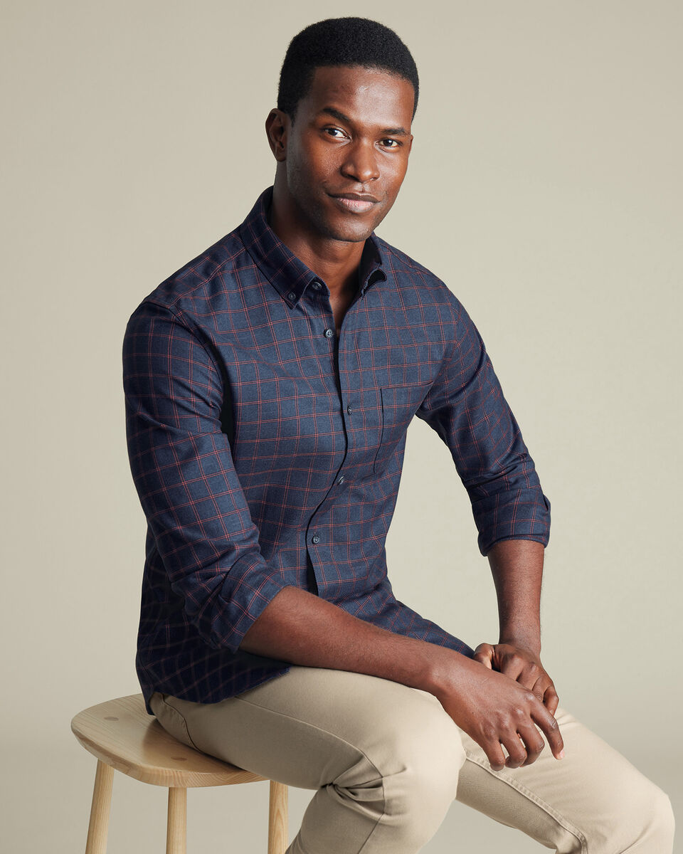 Non-Iron Twill Check Slim Fit Shirt - Heather Blue & Red