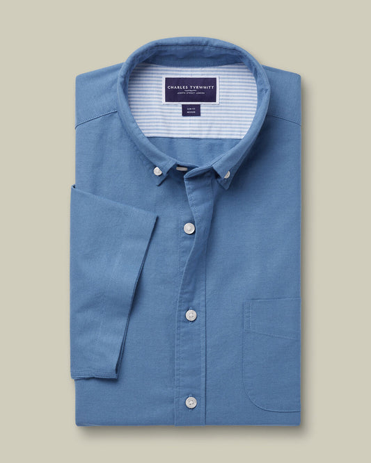 Stretch Washed Oxford Short Sleeve Slim Fit Shirt - Cornflower Blue