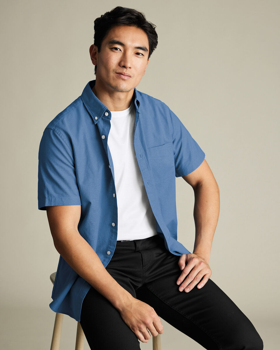 Stretch Washed Oxford Short Sleeve Slim Fit Shirt - Cornflower Blue