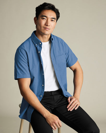 Stretch Washed Oxford Short Sleeve Slim Fit Shirt - Cornflower Blue