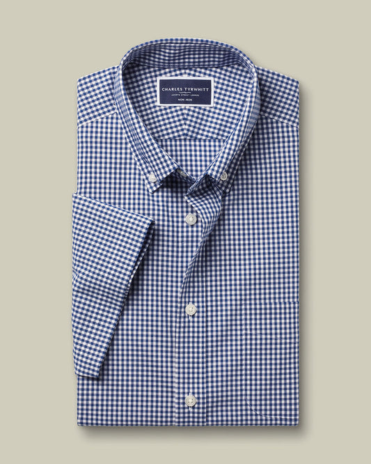 Non-Iron Stretch Check Short Sleeve Classic Fit Shirt - Navy
