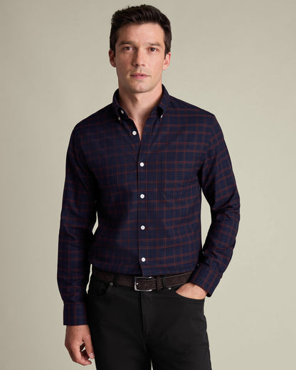 Non Iron Twil Check Slim Shirt - Navy Blue and Rus