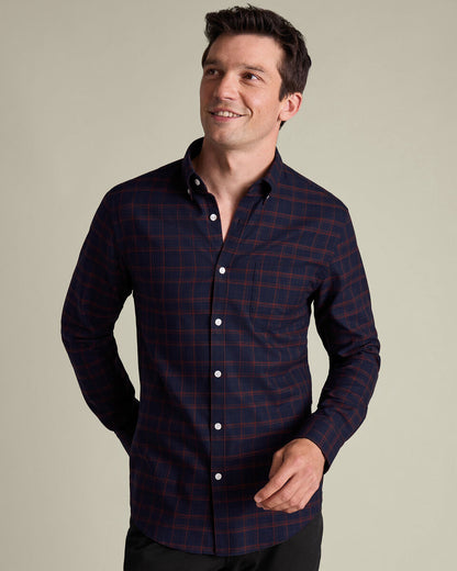 Non Iron Twil Check Slim Shirt - Navy Blue and Rus