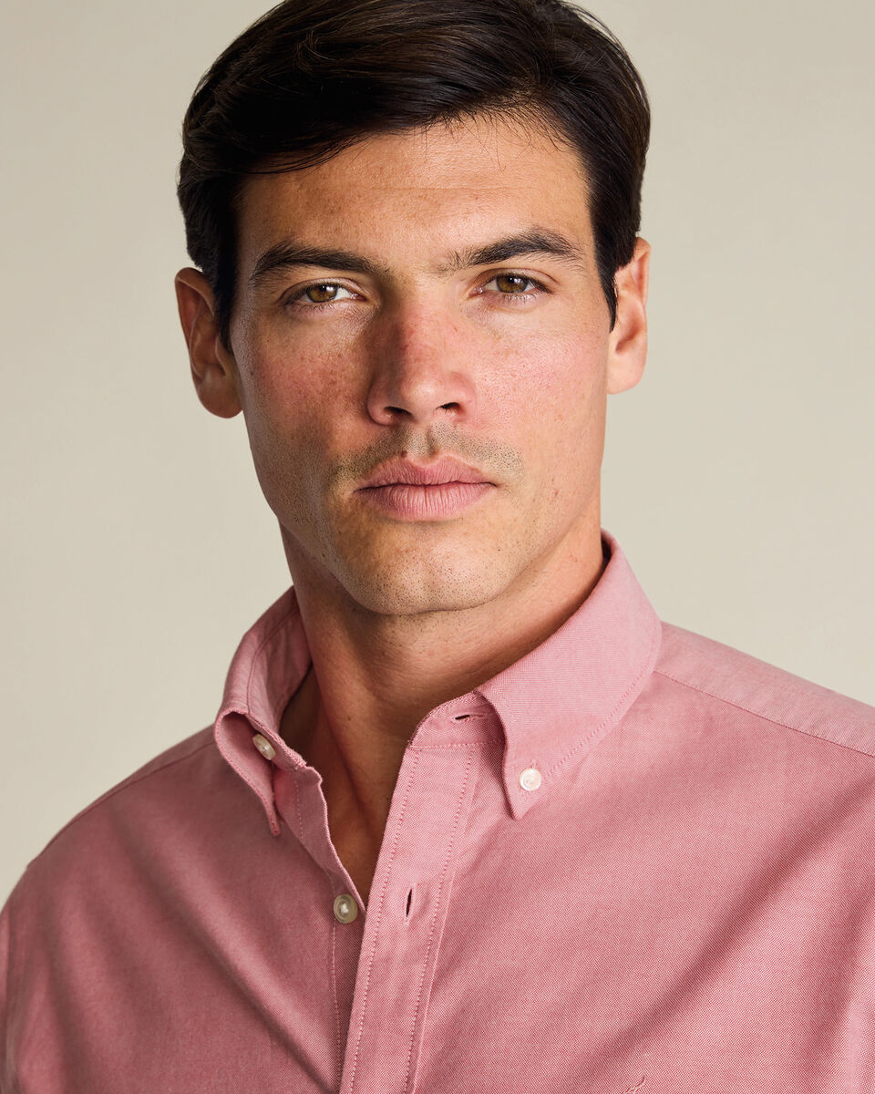 Button-Down Short Sleeve Washed Oxford Slim Fit Shirt – Coral Pink