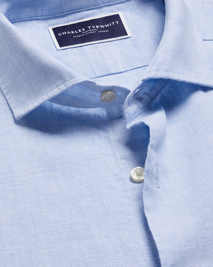 Short Sleeve Pure Linen Classic Fit Shirt - Sky Blue