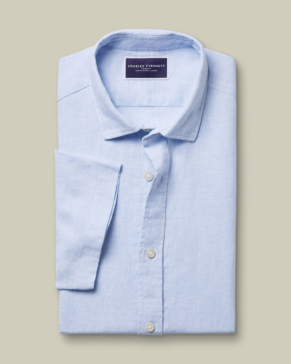 Short Sleeve Pure Linen Classic Fit Shirt - Sky Blue