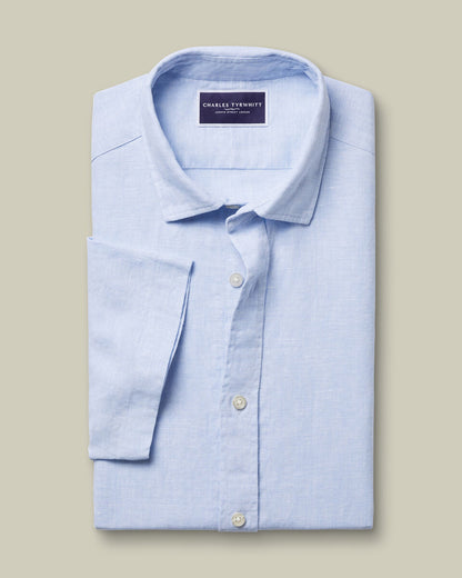 Short Sleeve Pure Linen Classic Fit Shirt - Sky Blue