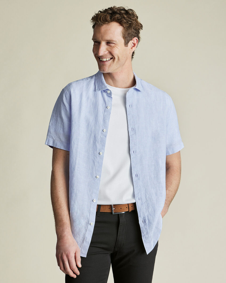 Short Sleeve Pure Linen Classic Fit Shirt - Sky Blue