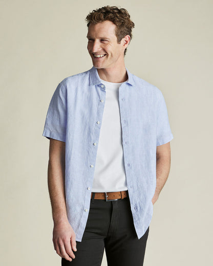 Short Sleeve Pure Linen Classic Fit Shirt - Sky Blue