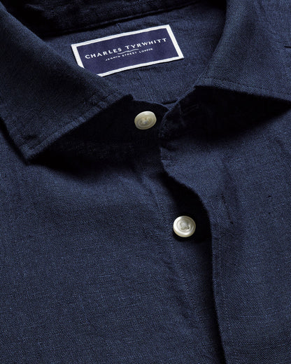 Cutaway Pure Linen Slim Fit Shirt - Navy