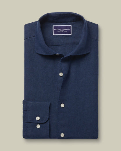 Cutaway Pure Linen Slim Fit Shirt - Navy
