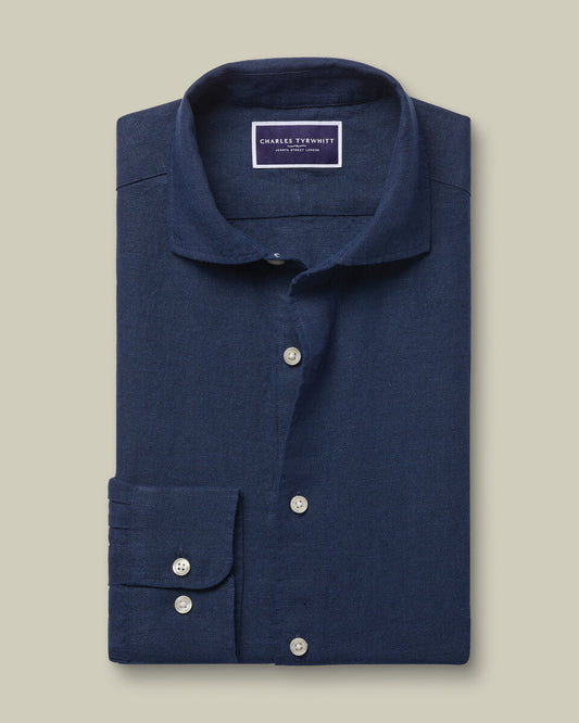 Cutaway Pure Linen Slim Fit Shirt - Navy