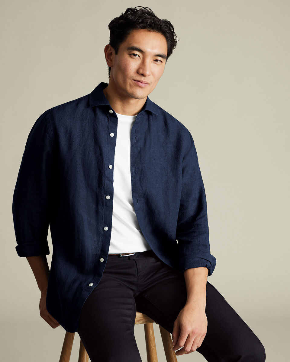 Cutaway Pure Linen Slim Fit Shirt - Navy