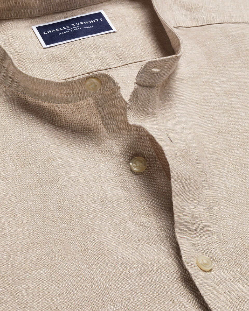 Pure Linen Collarless Slim Shirt - Oatmeal