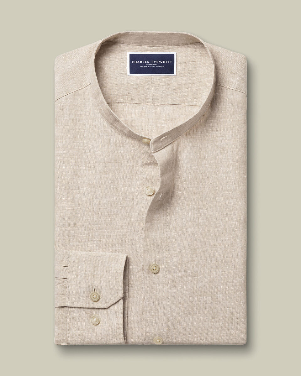 Pure Linen Collarless Slim Shirt - Oatmeal