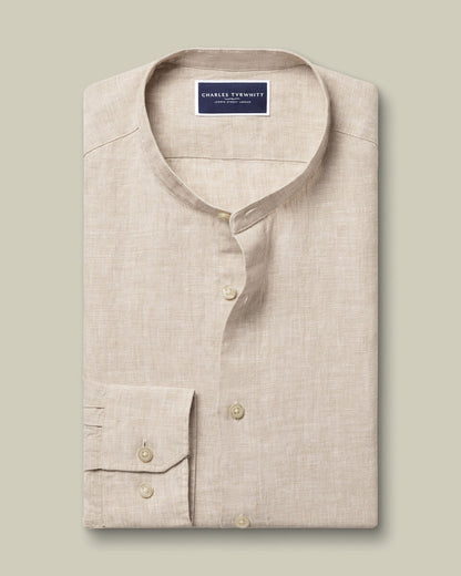 Pure Linen Collarless Slim Shirt - Oatmeal