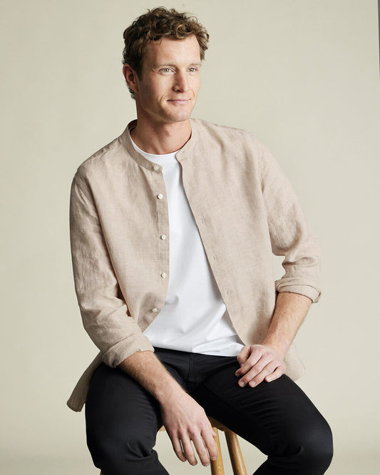 Pure Linen Collarless Slim Shirt - Oatmeal