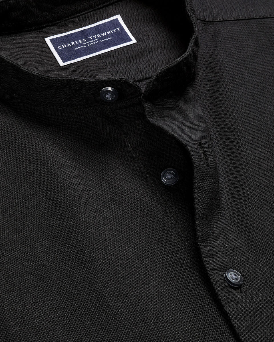 Collarless Stretch washed Oxford Slim Fit Shirt - Black