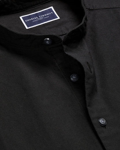 Collarless Stretch washed Oxford Slim Fit Shirt - Black