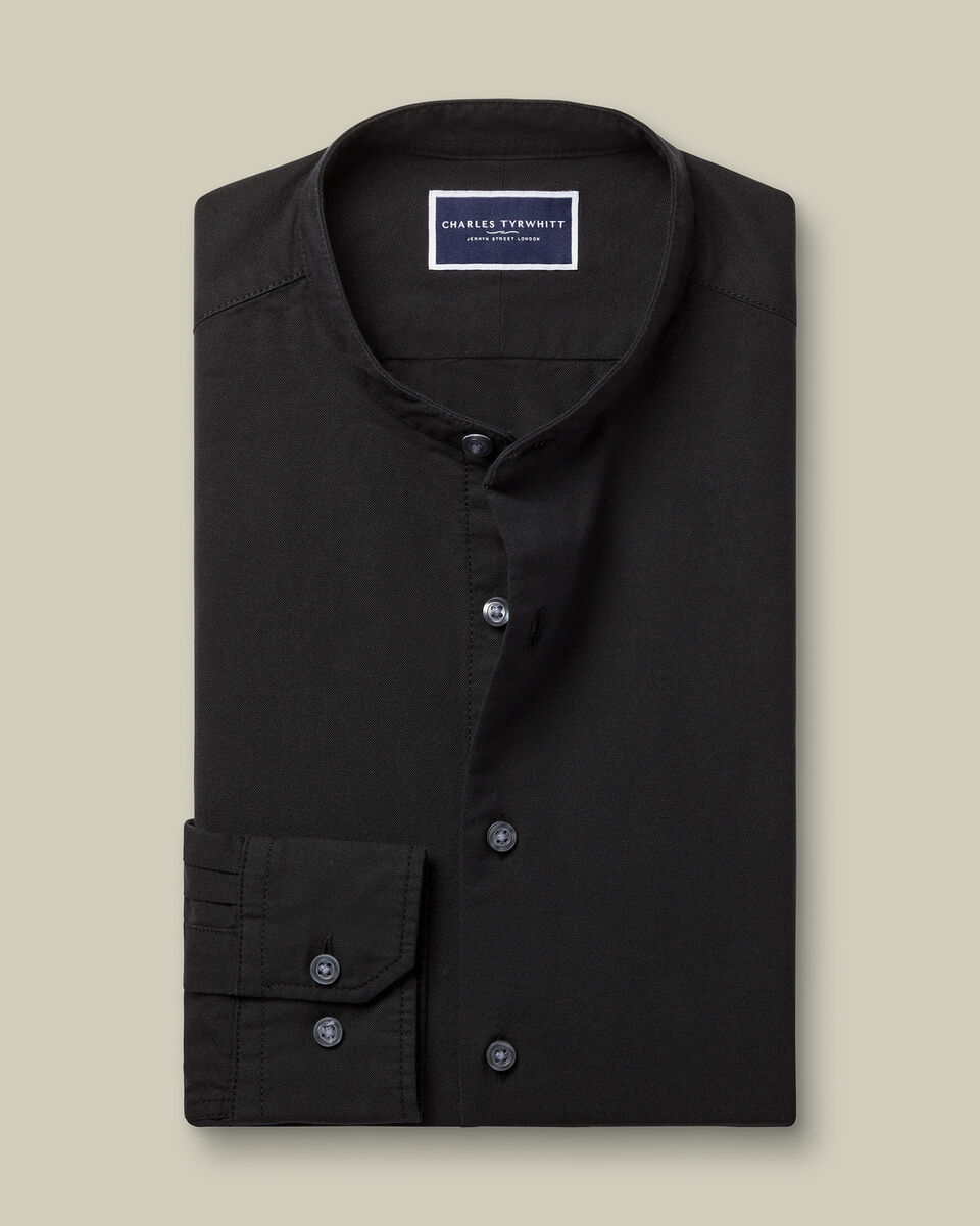 Collarless Stretch washed Oxford Slim Fit Shirt - Black