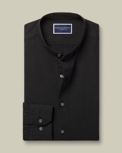 Collarless Stretch washed Oxford Slim Fit Shirt - Black