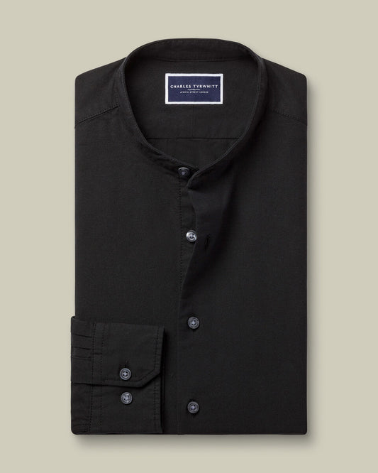 Collarless Stretch washed Oxford Slim Fit Shirt - Black
