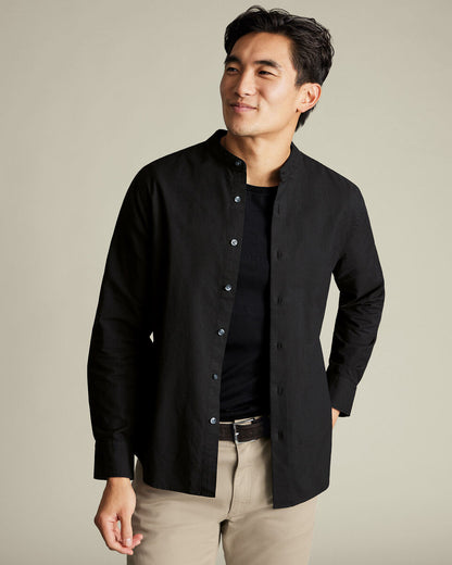 Collarless Stretch washed Oxford Slim Fit Shirt - Black
