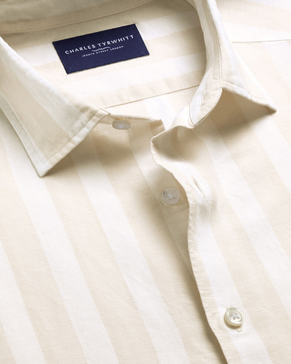 Short Sleeve Cotton Linen Stripe Classic Fit Shirt - Stone