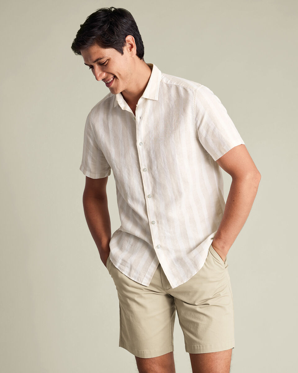 Short Sleeve Cotton Linen Stripe Classic Fit Shirt - Stone