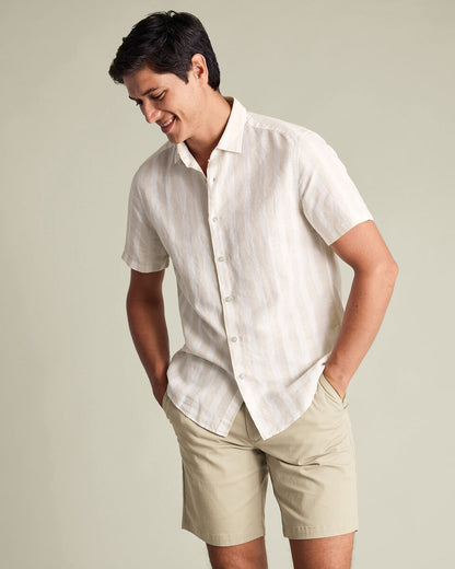 Short Sleeve Cotton Linen Stripe Classic Fit Shirt - Stone
