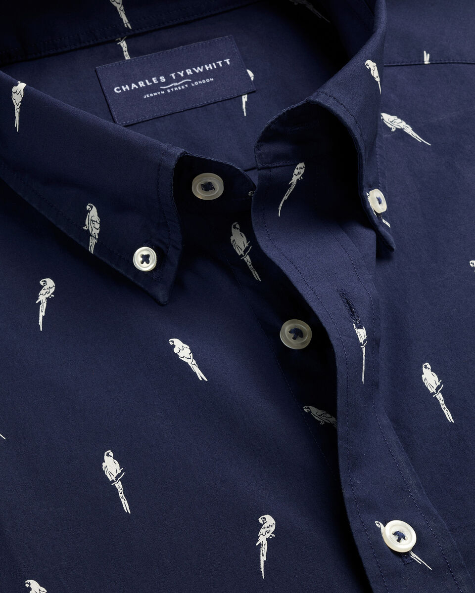 Classic Fit Short Sleeve Stretch Washed Poplin Print Shirt - Navy